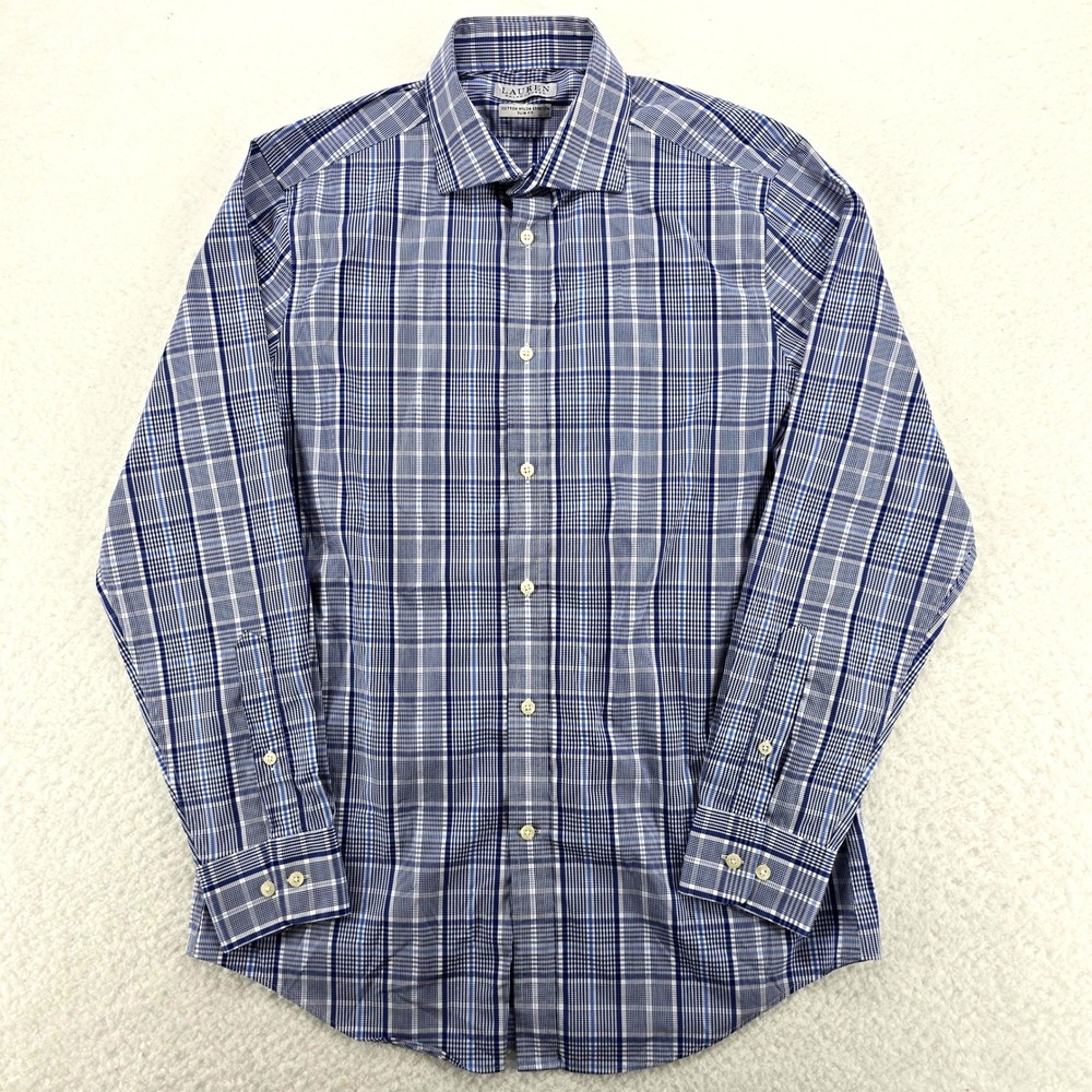 Lauren Ralph Lauren Mens Slim Fit Plaid Dress Shirt Stretch Blue‎ White Size M